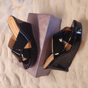 NEW! Glossy Black Patent Leather Criss Cross Strappy Wedge Heel Sandals